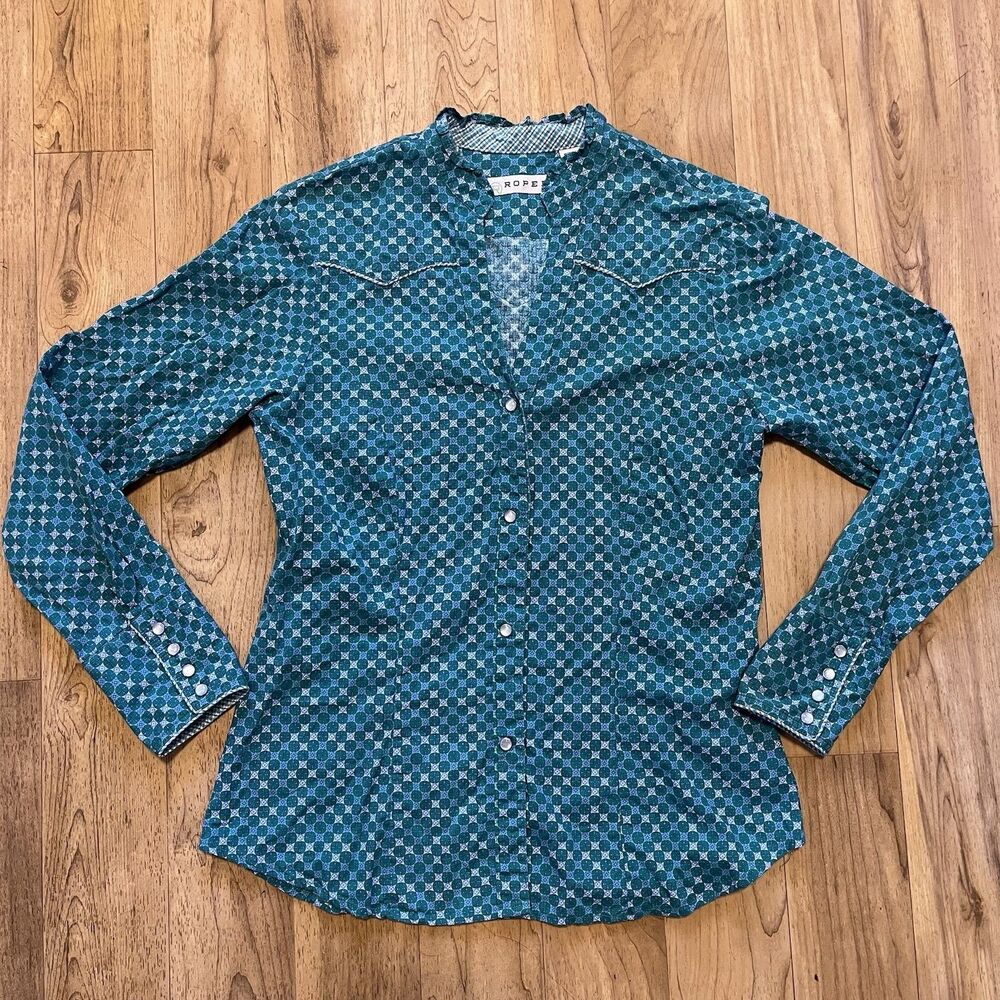 Roper Western Shirt Women’s Medium Teal Blue AOP pearlescent Cowgirl Rodeo
